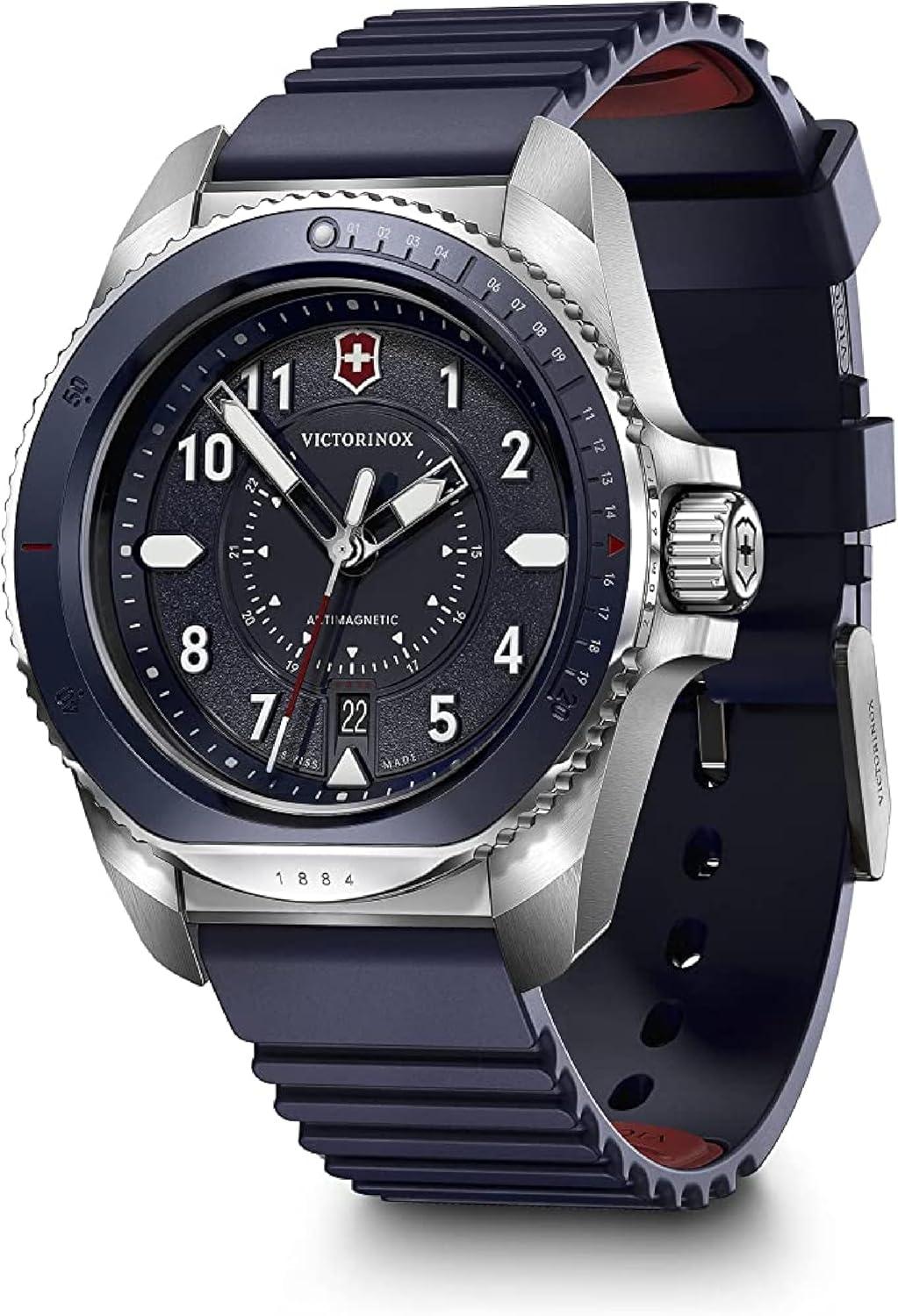 Victorinox Journey 1884 Quartz Watch with Silver Stainless Steel Case, Blue Dial, and Blue Rubber Strap