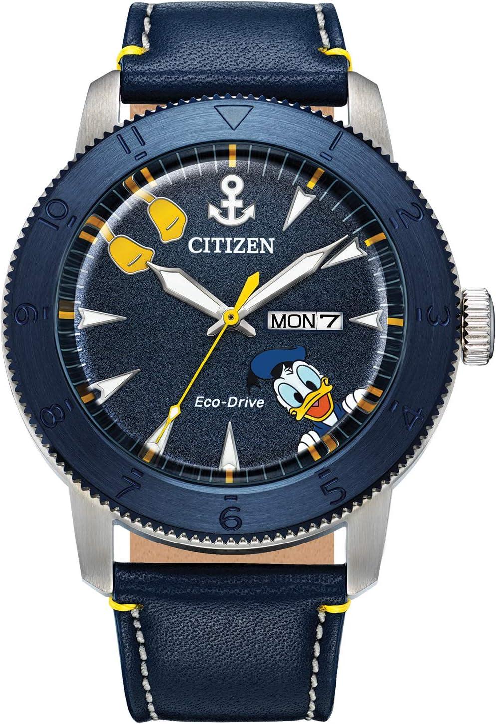 Citizen Eco-Drive Men's Disney Donald Duck Watch, Blue IP Stainless Steel on Blue Leather Strap