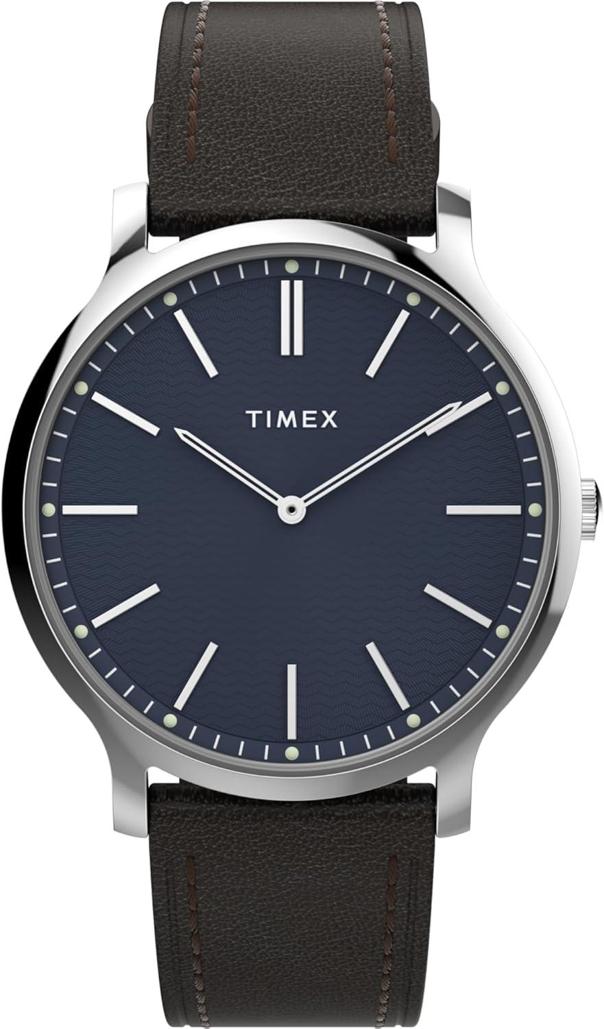 Timex Men's Gallery 40mm Watch - Brown Strap Blue Dial Silver-Tone Case