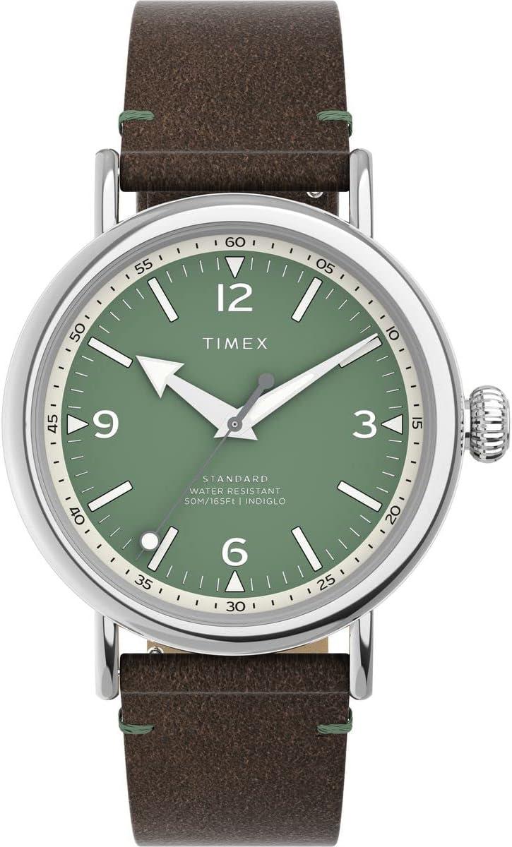 Timex Men's Standard 40mm Watch - Brown Strap Green Dial Silver-Tone Case