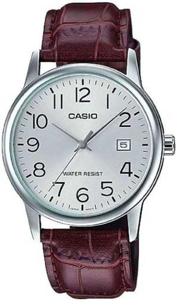 Casio #MTP-V002L-7B Men's Standard Analog Leather Band Easy Reader Day Date Watch