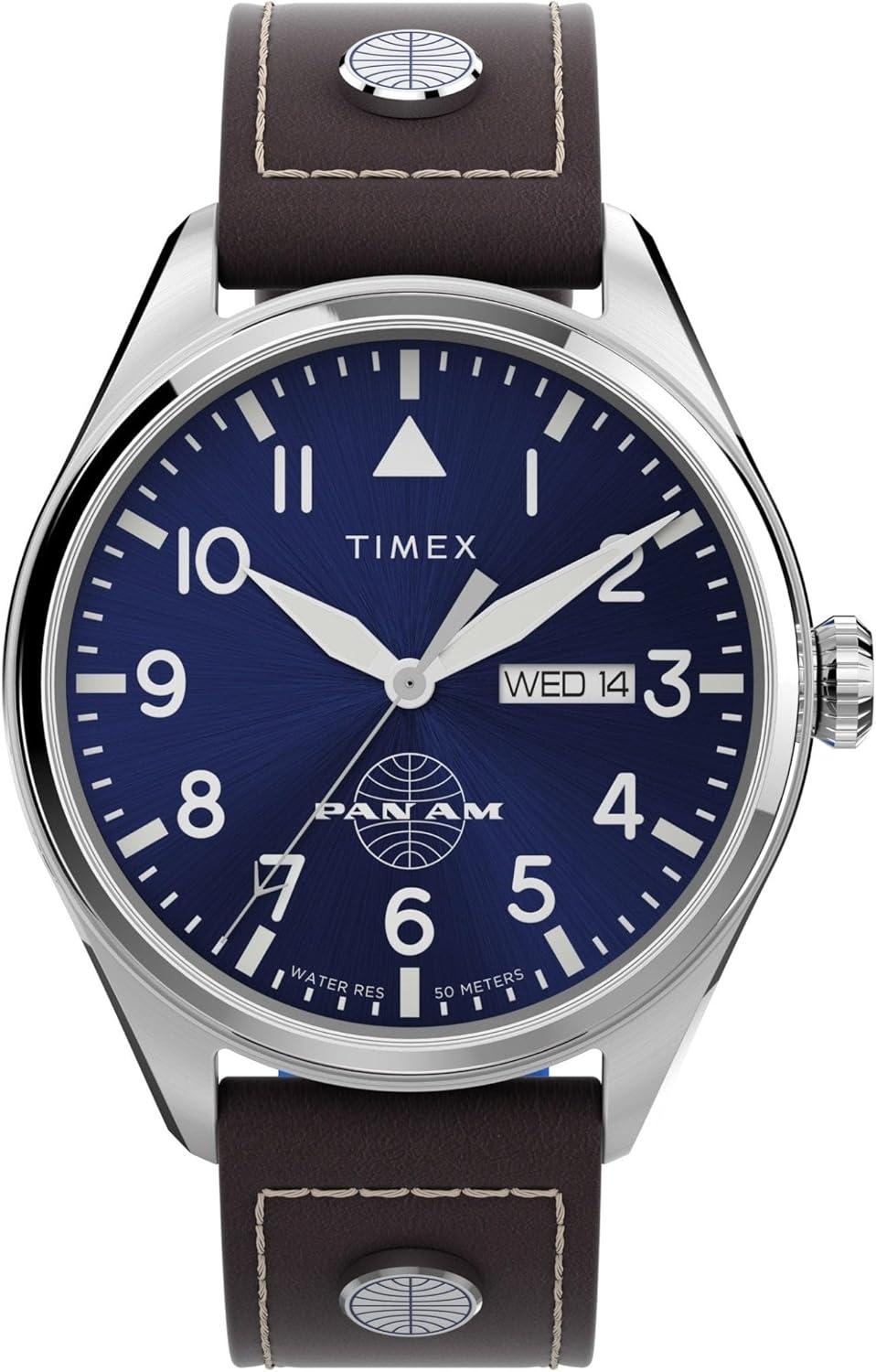Timex Men's X Pan Am Day-Date 42mm Watch - Brown Strap Blue Dial