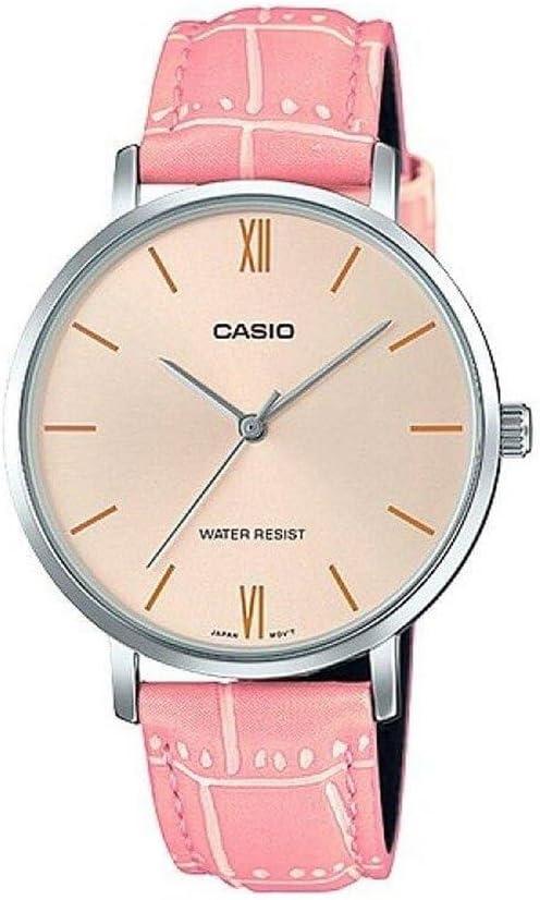 Casio LTP-VT01L-4B Women's Minimalistic Peach Dial Pink Leather Band Analog Watch