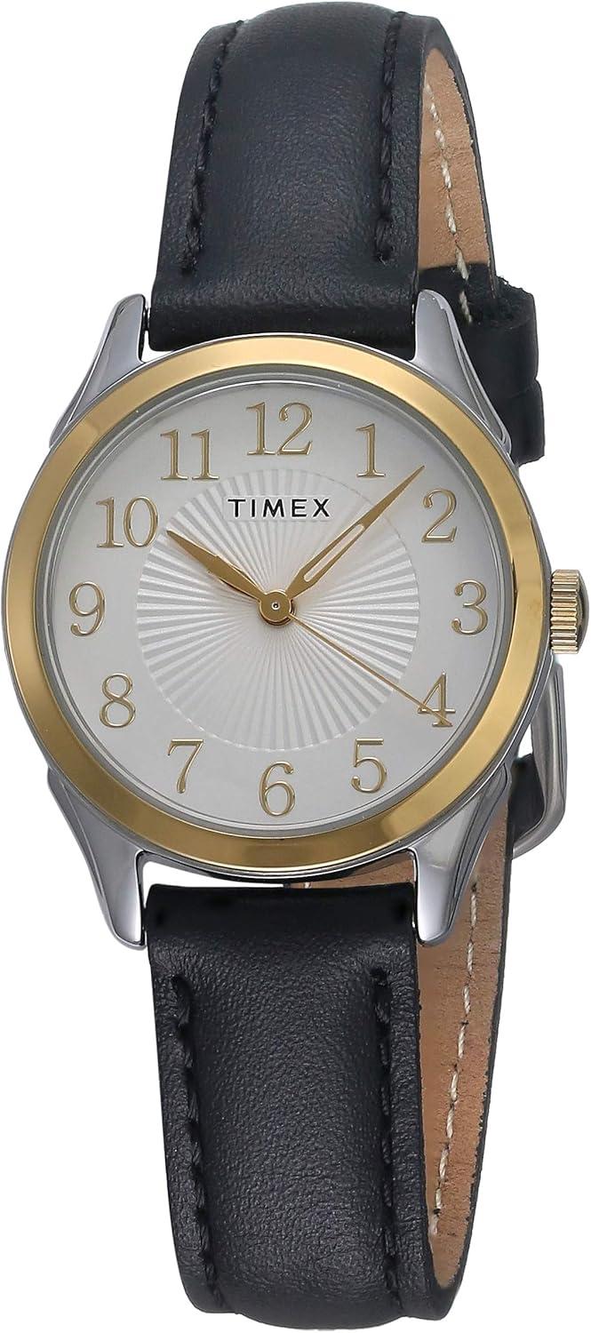 Timex Women's Briarwood 28mm Watch – Two-Tone Case Silver-Tone Dial with Black Leather Strap