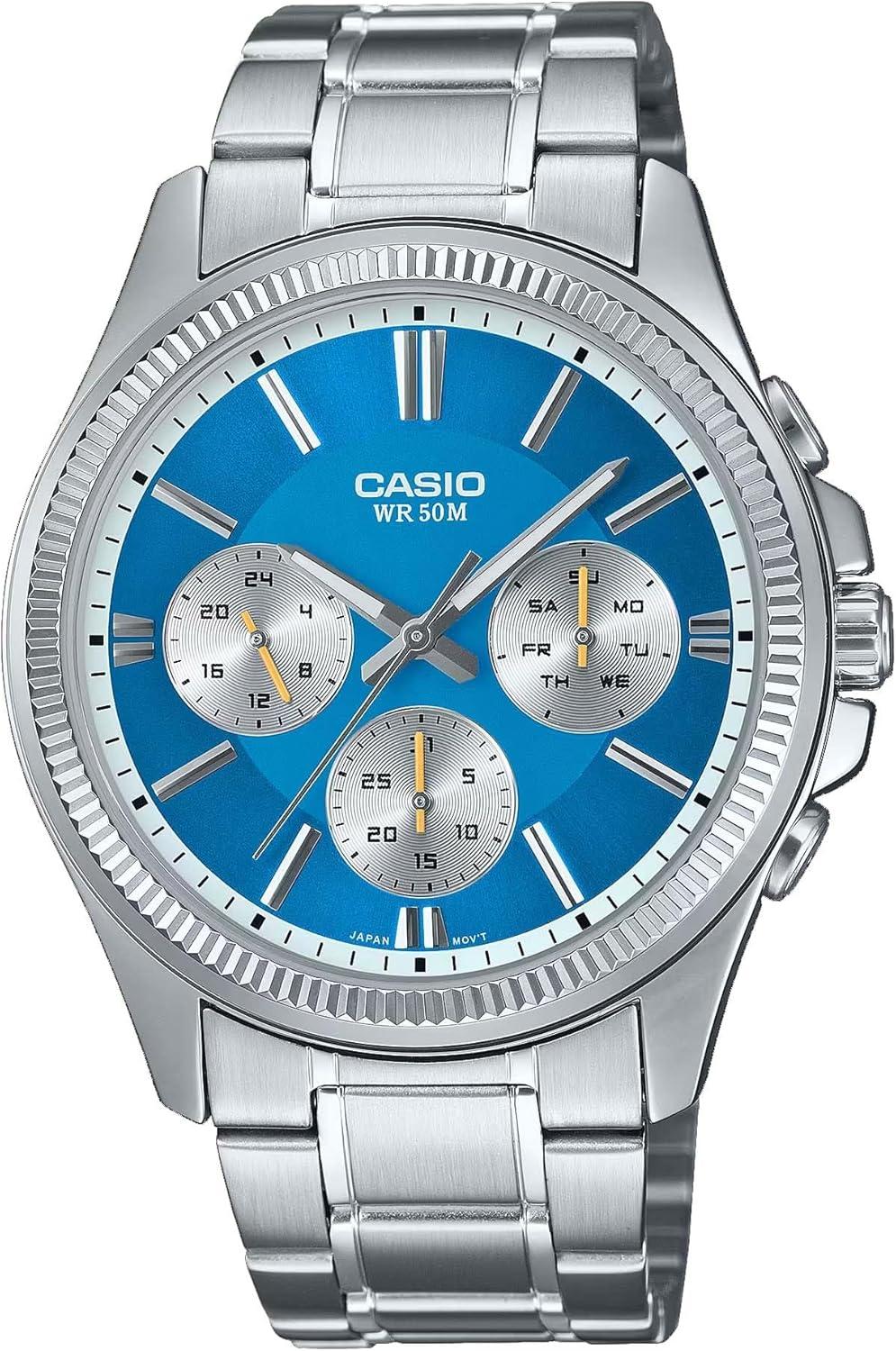 Casio MTP1375D-2A2V Men's Stainless Steel Fluted Bezel Multifunction Aqua Blue Dial Watch
