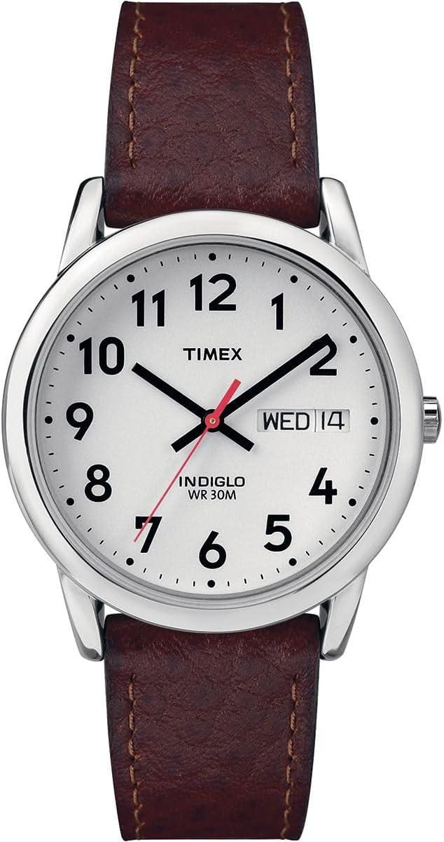 Timex Men's Easy Reader 35mm Day-Date Watch – Silver-Tone Case White Dial with Dark Brown Leather Strap
