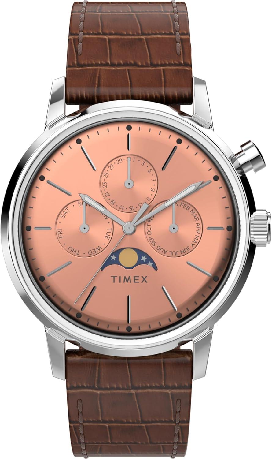 Timex Men's Marlin Moon Phase 40mm Watch - Brown Strap Rose Gold-Tone Dial