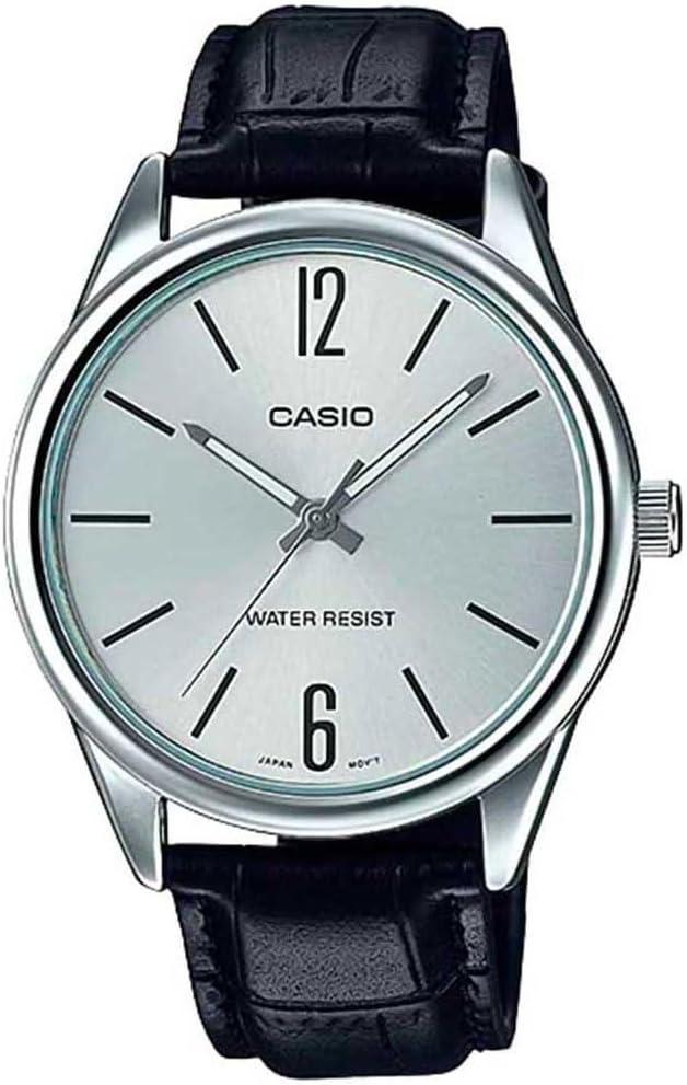 Casio #MTP-V005L-7B Men's Standard Analog Black Leather Band Silver Dial Watch