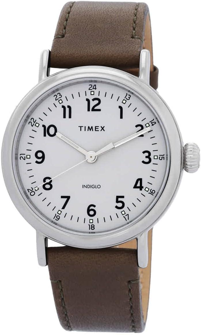Timex Men's Standard 40mm Watch – Gray Dial & Silver-Tone Case with Olive Genuine Leather Strap