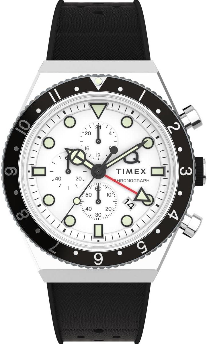 Timex Men's Q Chronograph 40mm Watch - Black Strap White Dial Stainless Steel Case