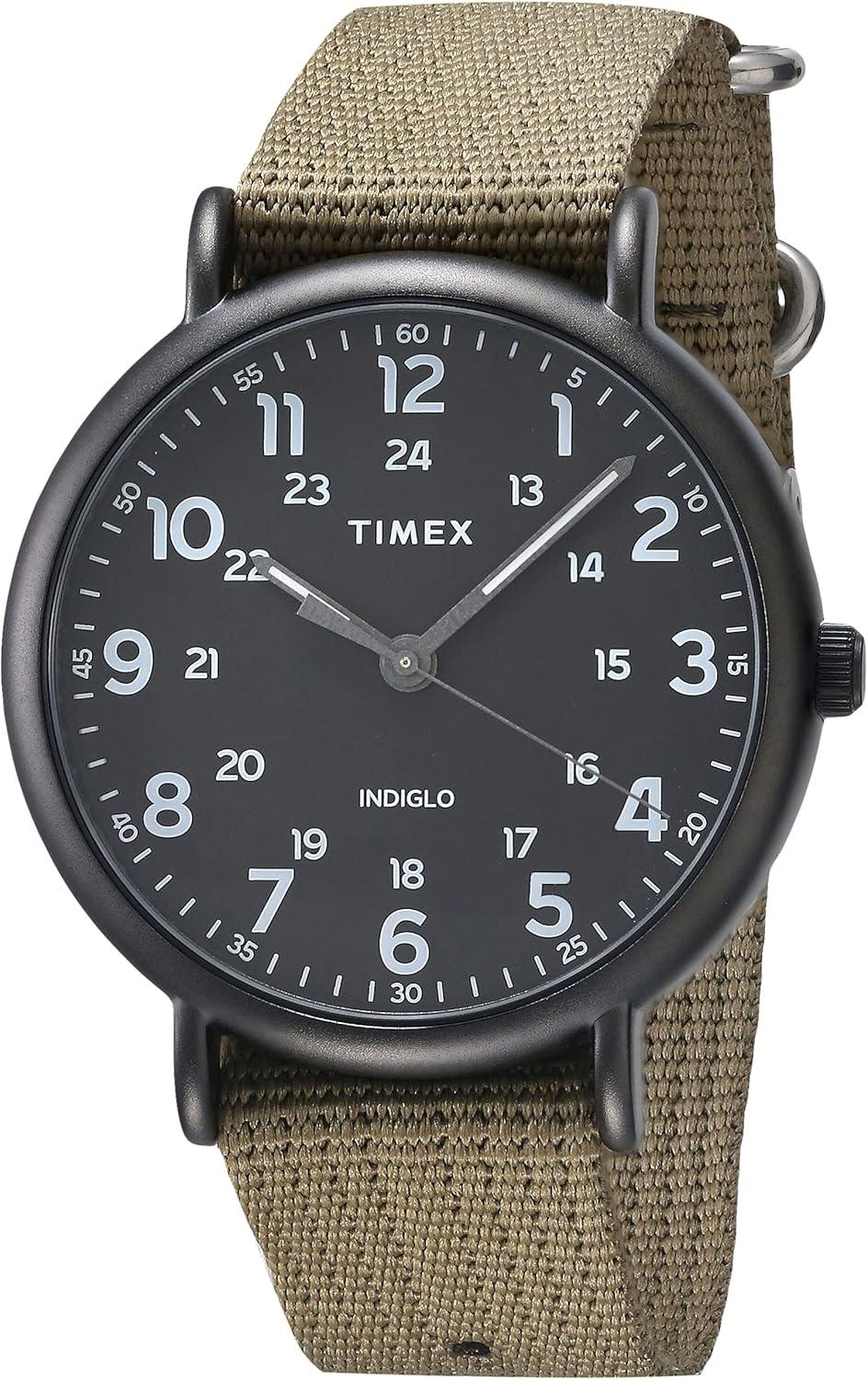 Timex Men's Weekender XL 43mm Watch – Black Case Black Dial with Olive Fabric Strap