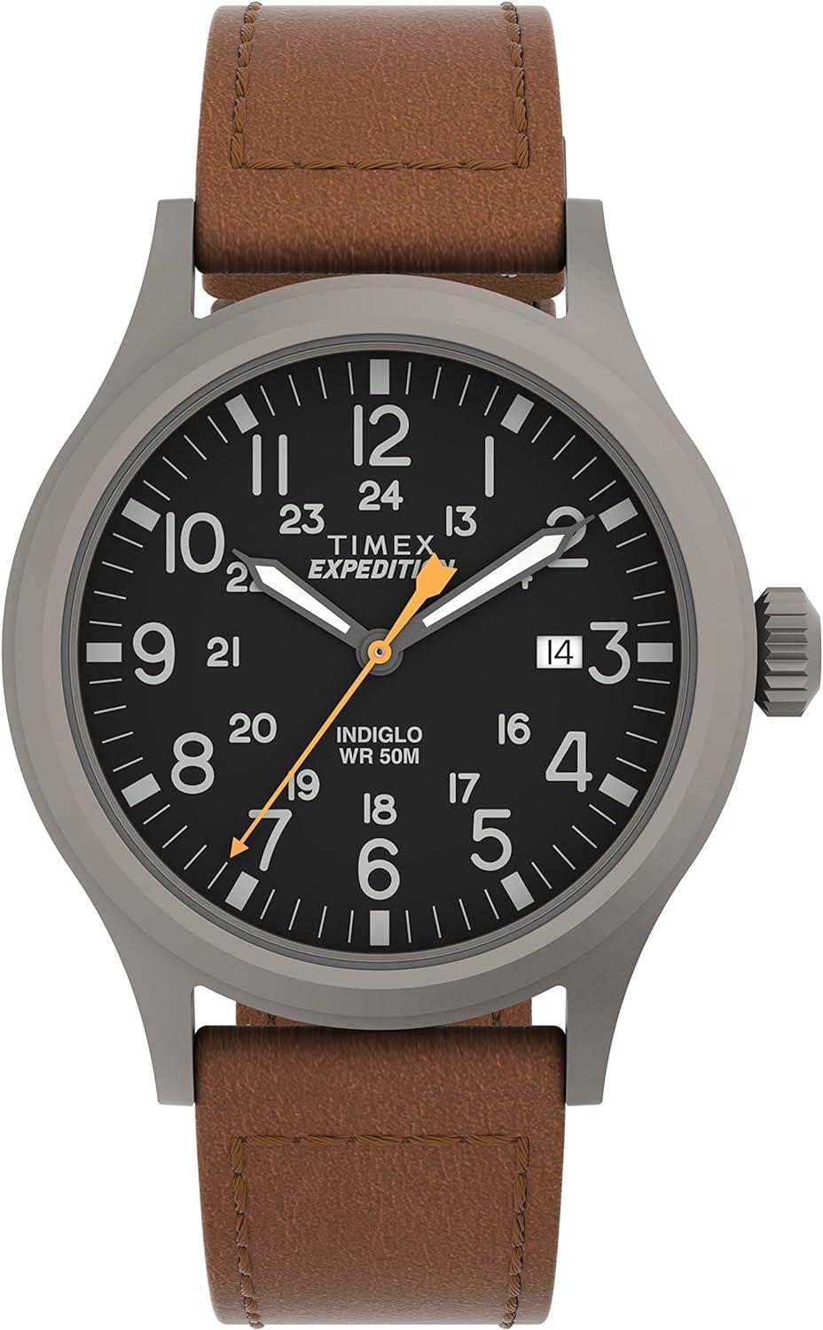 Timex Men's Expedition Scout 40mm Watch – Gray Case Black Dial with Brown Ecco DriTan Leather Strap