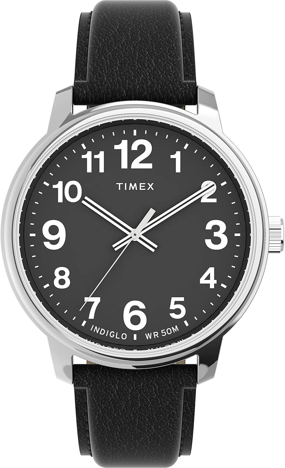 Timex Men's Easy Reader Bold 43mm Watch – Silver-Tone Case Black Dial with Black Leather Strap