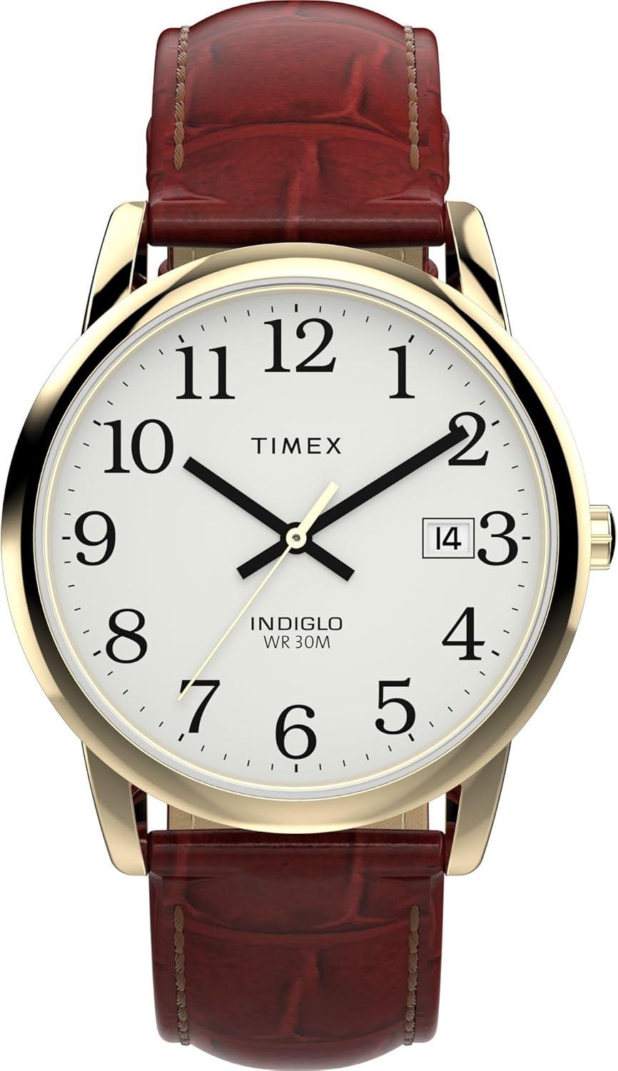 Timex Men's Easy Reader 35mm Watch - Brown Strap White Dial Gold-Tone Case