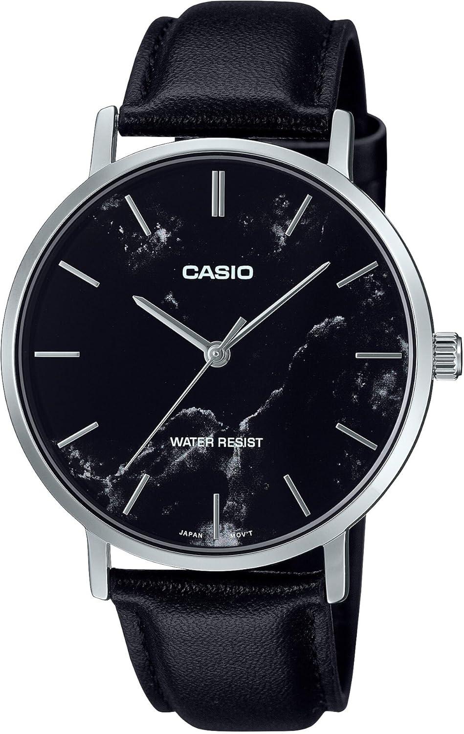 Casio MTP-VT01LM-1A Men's Minimalistic Black Marbled Dial Leather Band Watch
