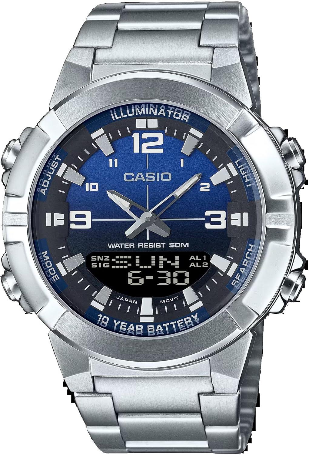 Casio AMW870DA-2A1V Men's Stainless Steel Blue Dial Analog Digital Dual Time Zone Watch
