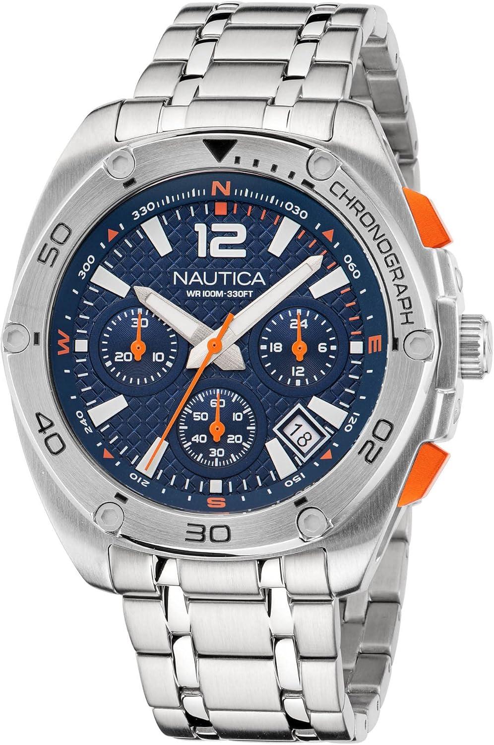 Nautica Men's Tin Can Bay Chrono Stainless Steel Bracelet and Blue Silicone Strap Watch