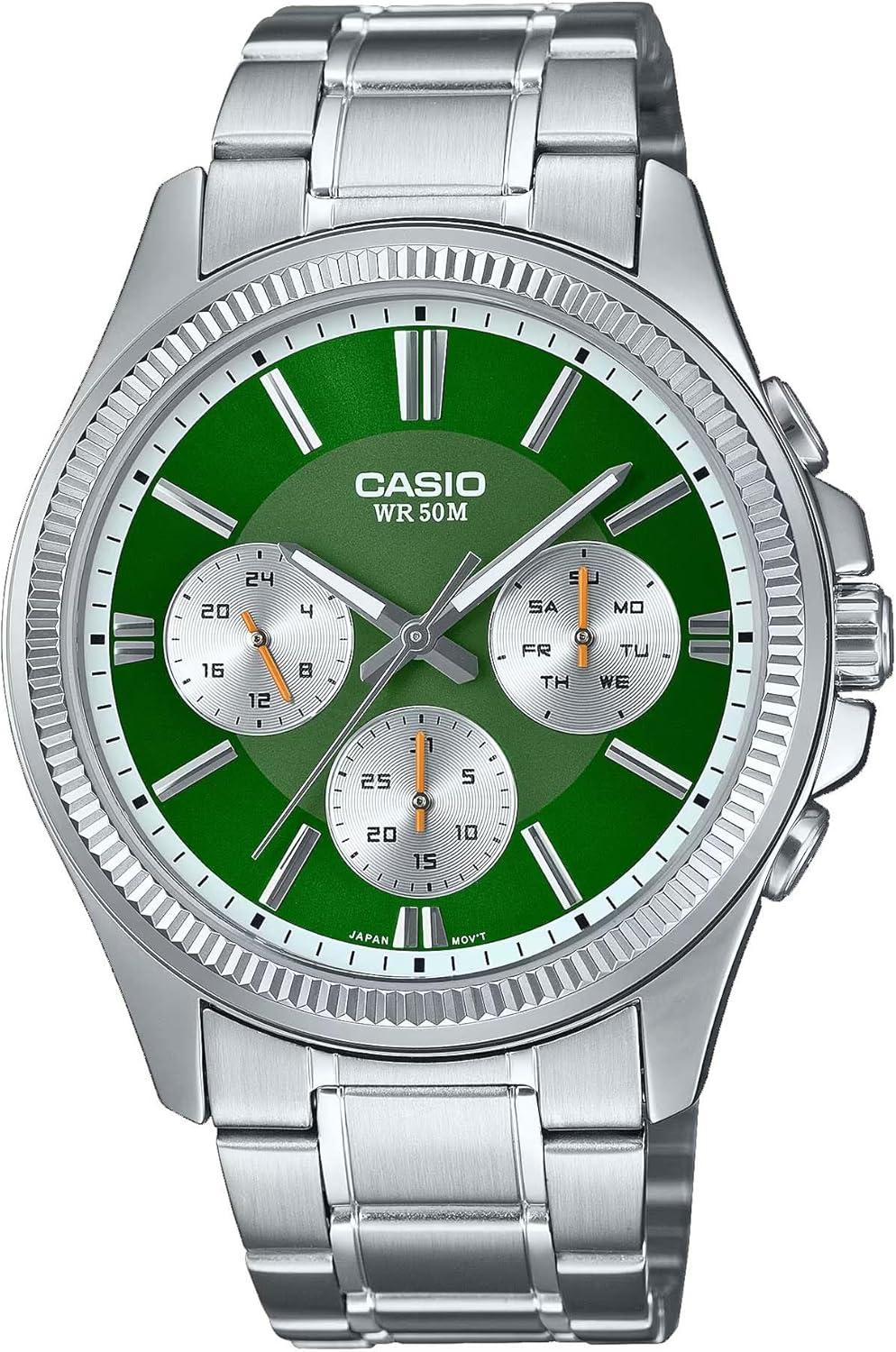 Casio MTP1375D-3AV Men's Stainless Steel Fluted Bezel Multifunction Green Dial Watch