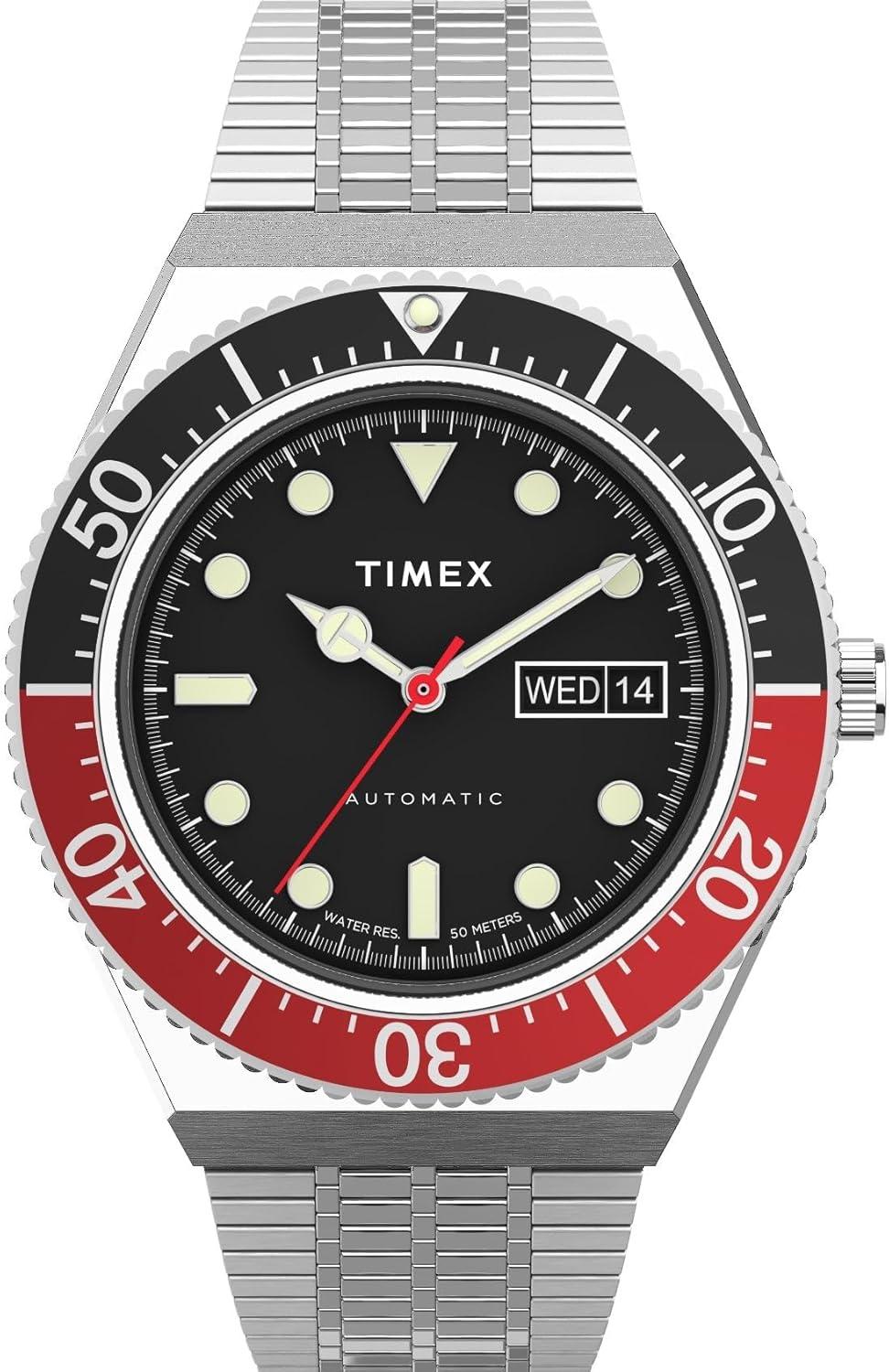 Timex Men's M79 Automatic 40mm Watch – Silver-Tone Case Black Dial Red/Black Top Ring with Stainless Steel Bracelet