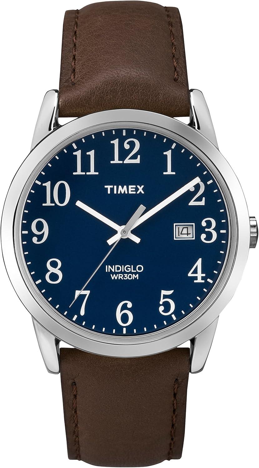Timex Men's Easy Reader 38mm Watch – Silver-Tone Case Blue Dial with Brown Leather Strap