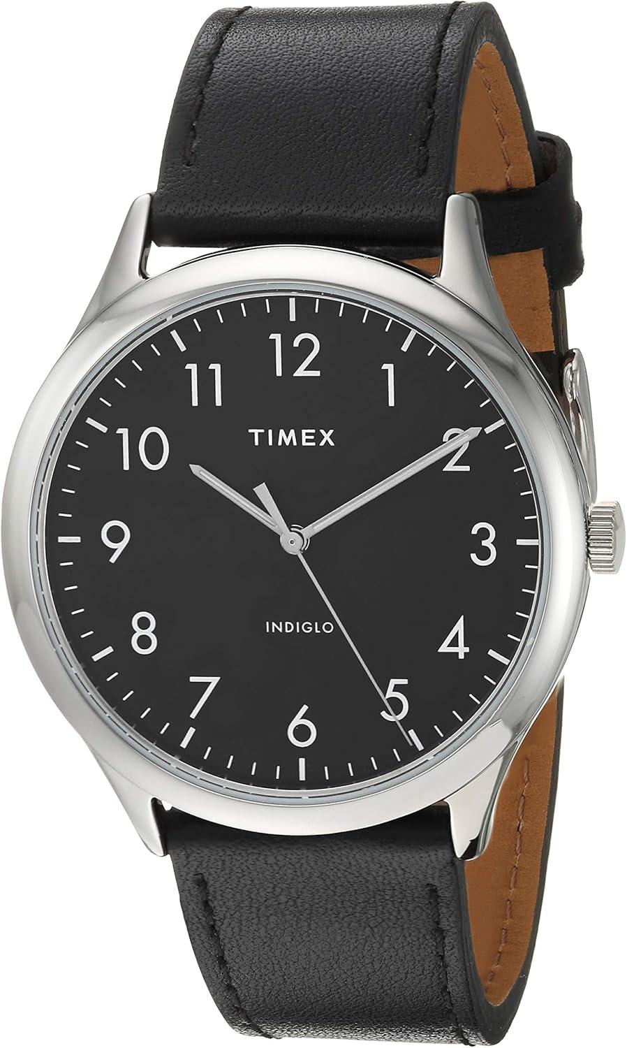Timex Men's Modern Easy Reader 40mm Watch – Silver-Tone Case Black Dial with Black Genuine Leather Strap