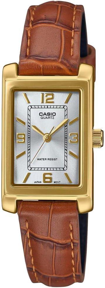 Casio LTP-1234GLL-7A Women's Rectangular Standard Classic Gold Tone Leather Band Silver Dial Dress Watch