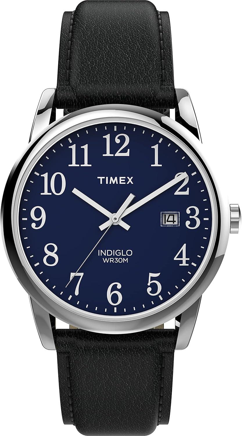 Timex Men's Easy Reader 38mm Watch – Silver-Tone Case Blue Dial with Black Leather Strap