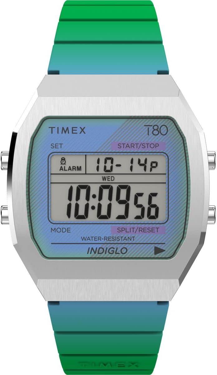 Timex Unisex T80 Steel 36mm Watch - Blue Strap Digital Dial