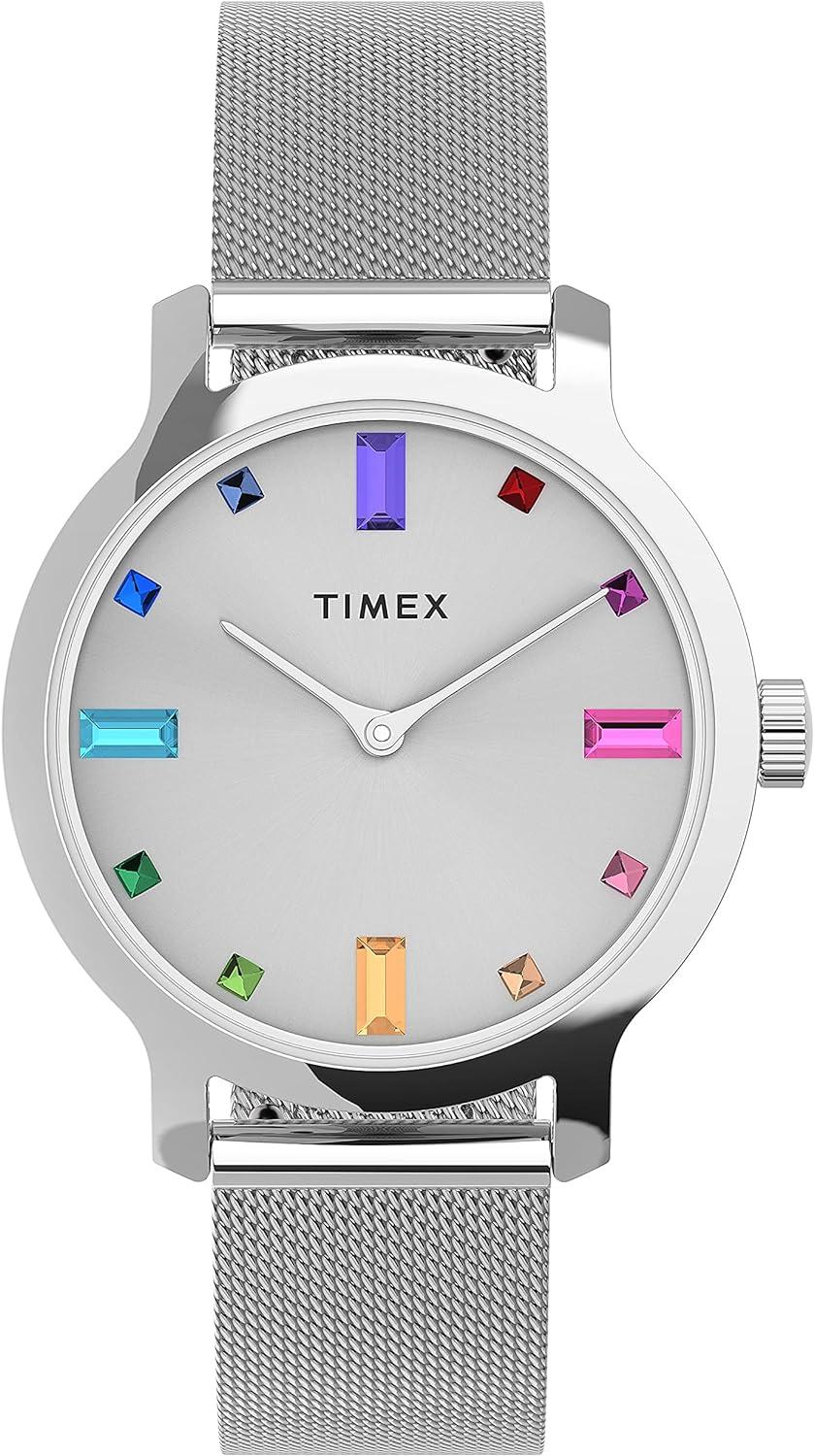 Timex Women's Transcend 31mm Watch – Silver-Tone Case with Multicolored Stones