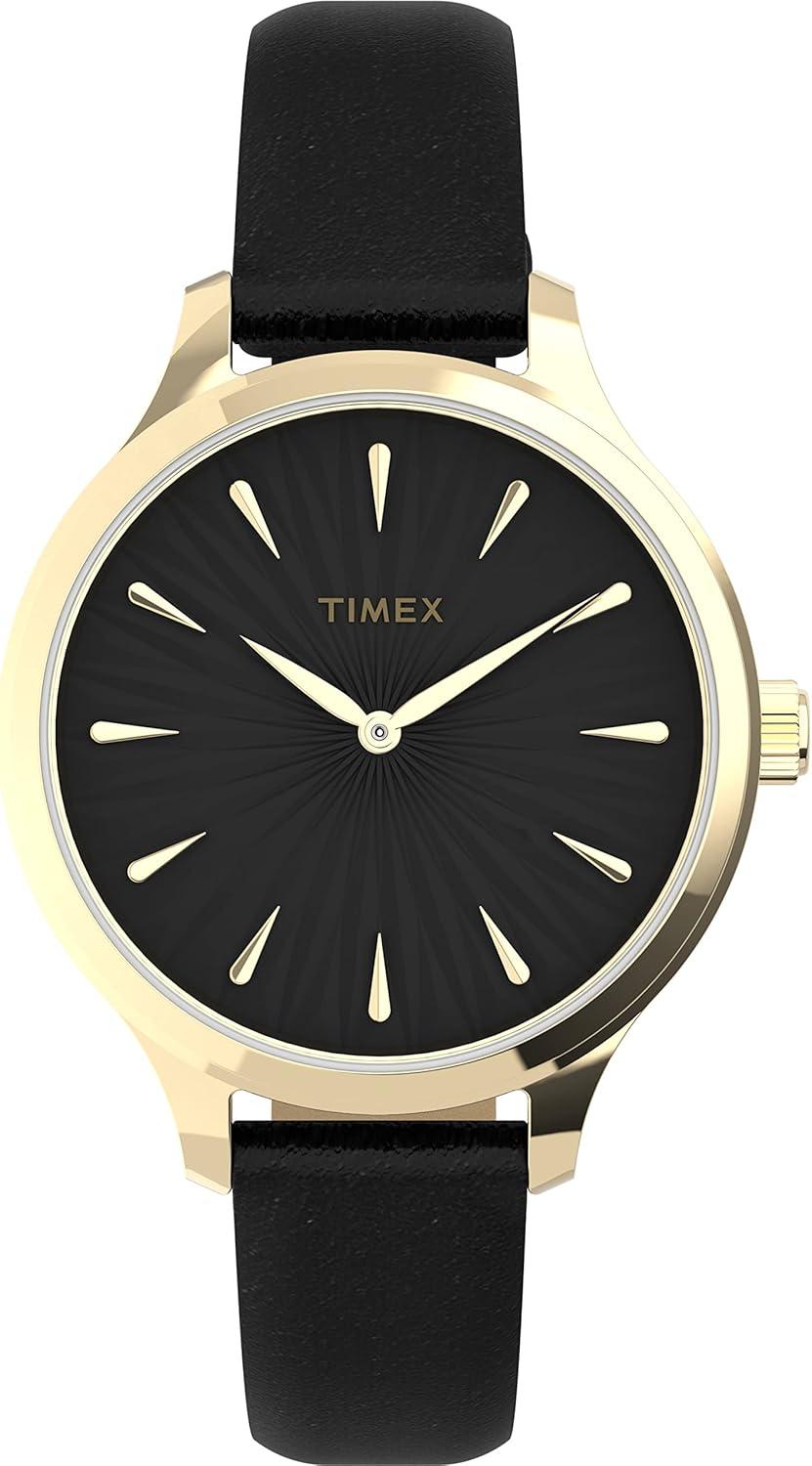 Timex Women's Peyton 36mm Watch – Gold-Tone Case Black Dial with Black Genuine Leather Strap