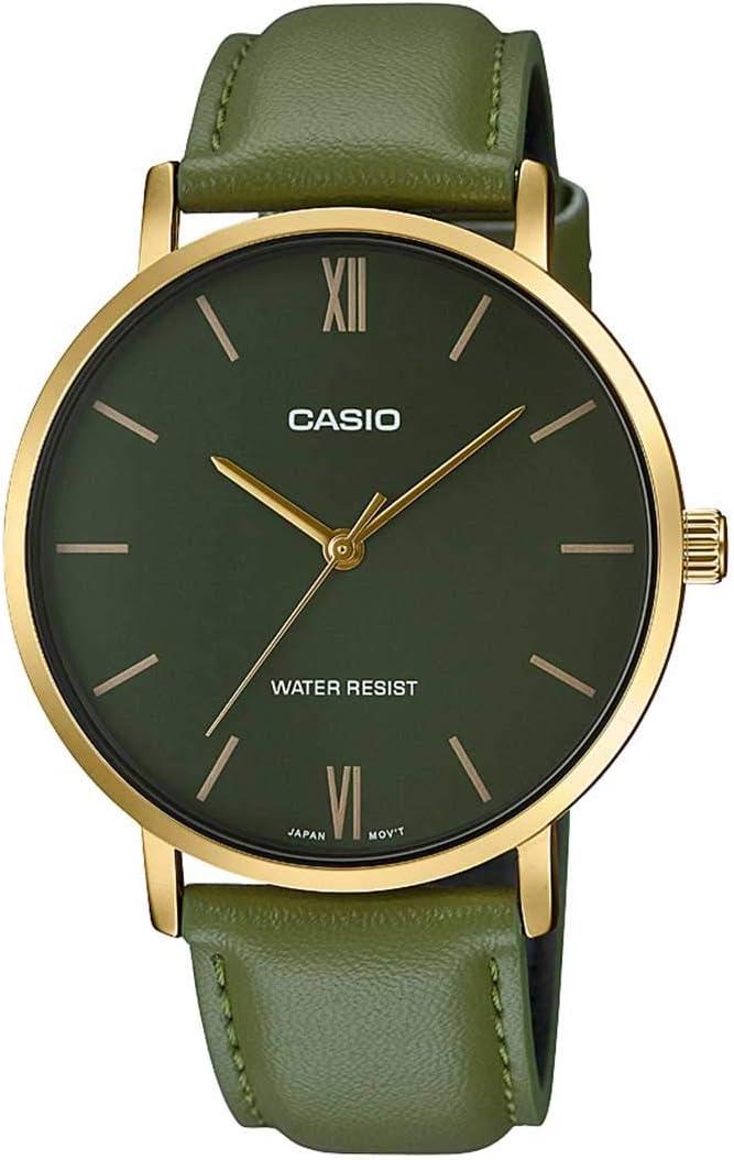 Casio MTP-VT01GL-3B Men's Minimalistic Gold Tone Green Leather Band Watch