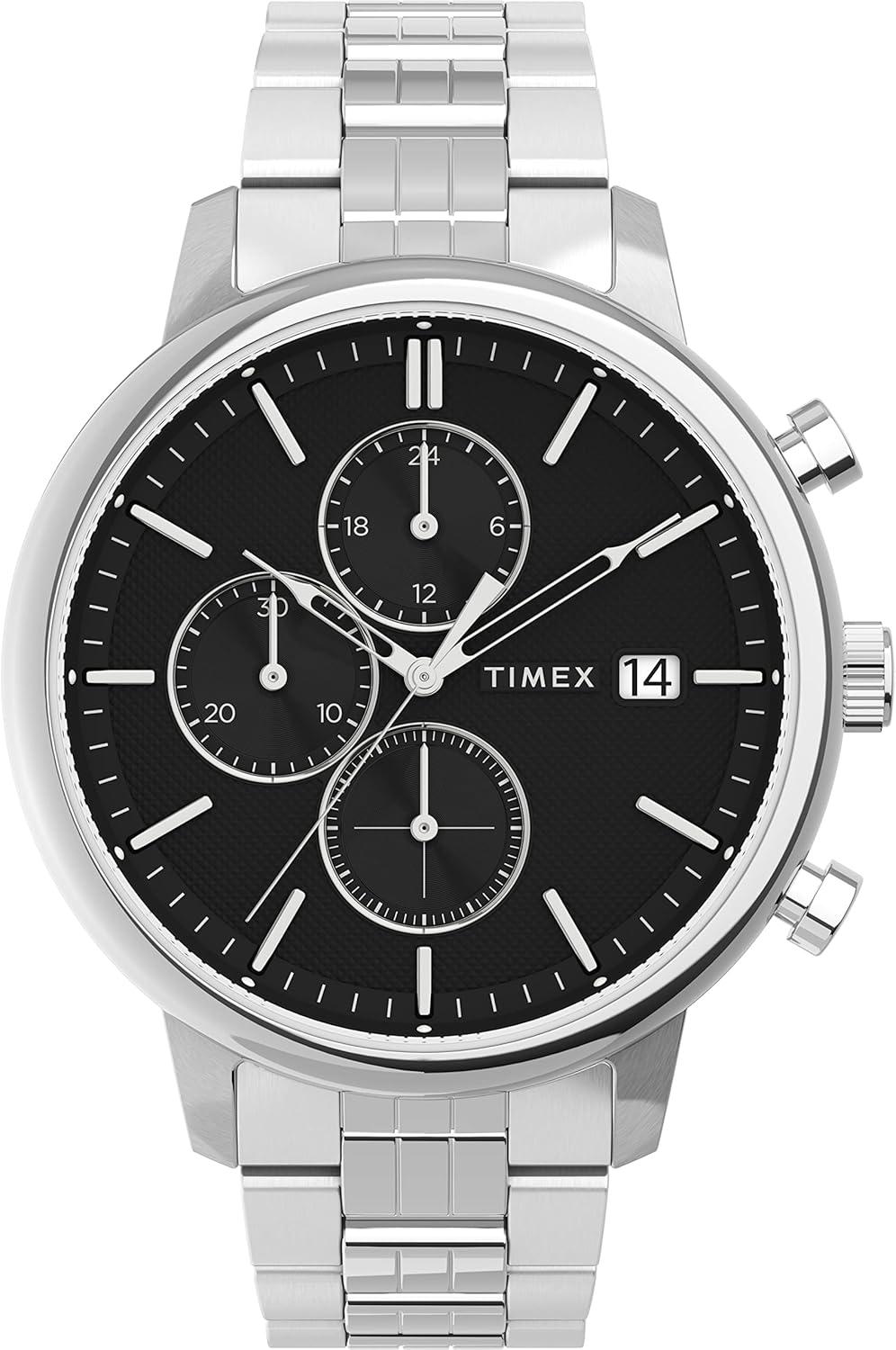 Timex Men's Chicago Chronograph 45mm Watch – Silver-Tone Case Black Dial