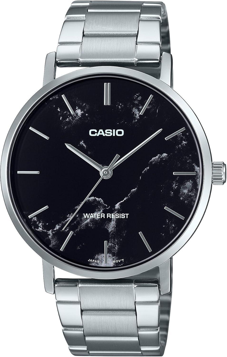 Casio MTP-VT01DM-1A Men's Stainless Steel Minimalistic Black Marbled Dial Watch