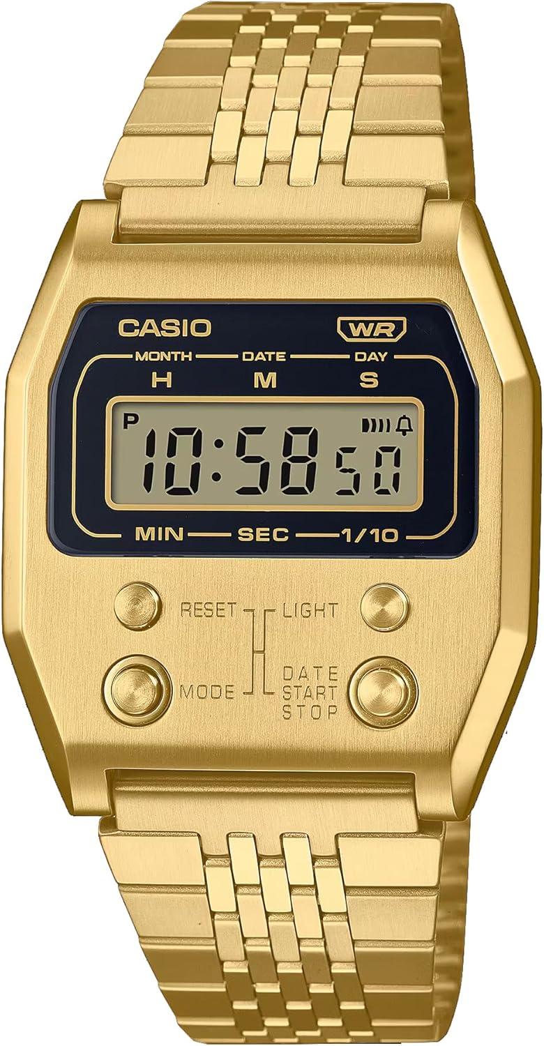Casio A1100G-5VT Men's Gold Tone Vintage Stainless Steel Alarm Chronograph Digital Watch