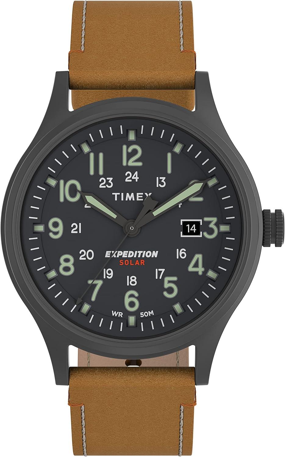 Timex Men's Expedition Scout Solar 40mm Watch – Gunmetal Case Gray Dial with Tan Genuine Leather Strap