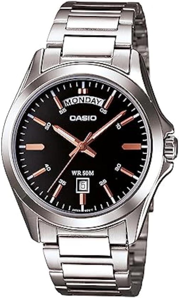 Casio Men's Silver-Tone Steel Black Dial Watch - MTP-1370D-1A2VDF