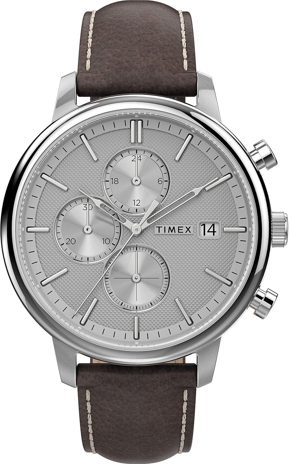 Timex Men's Chicago Chronograph 45mm Watch – Silver-Tone Dial & Case with Dark Brown Leather Strap