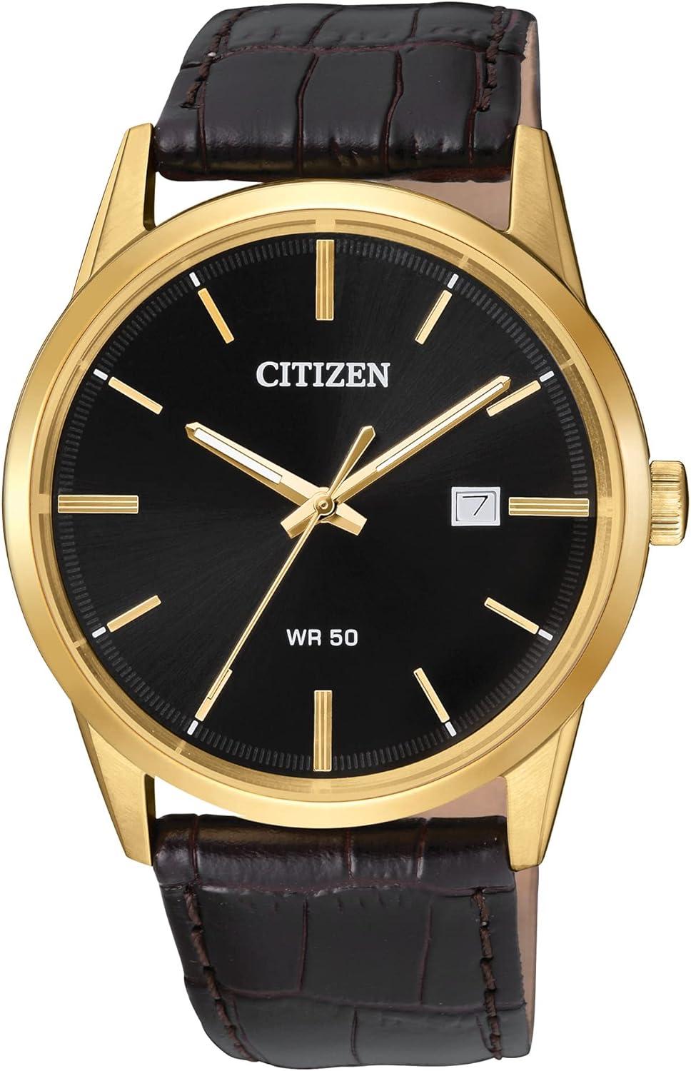 Citizen Quartz Men's Watch, Stainless Steel with Leather Strap, Casual, Brown