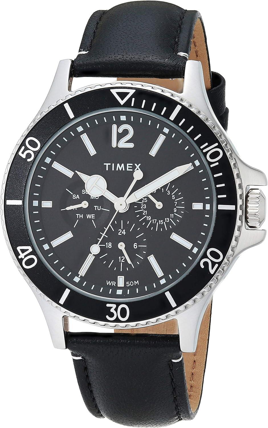 Timex Men's Harborside Multifunction 43mm Watch – Black Dial & Silver-Tone Case