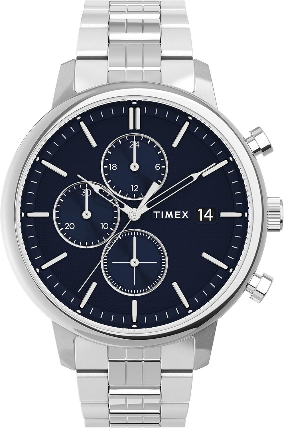 Timex Men's Chicago Chronograph 45mm Watch – Silver-Tone Case Blue Dial