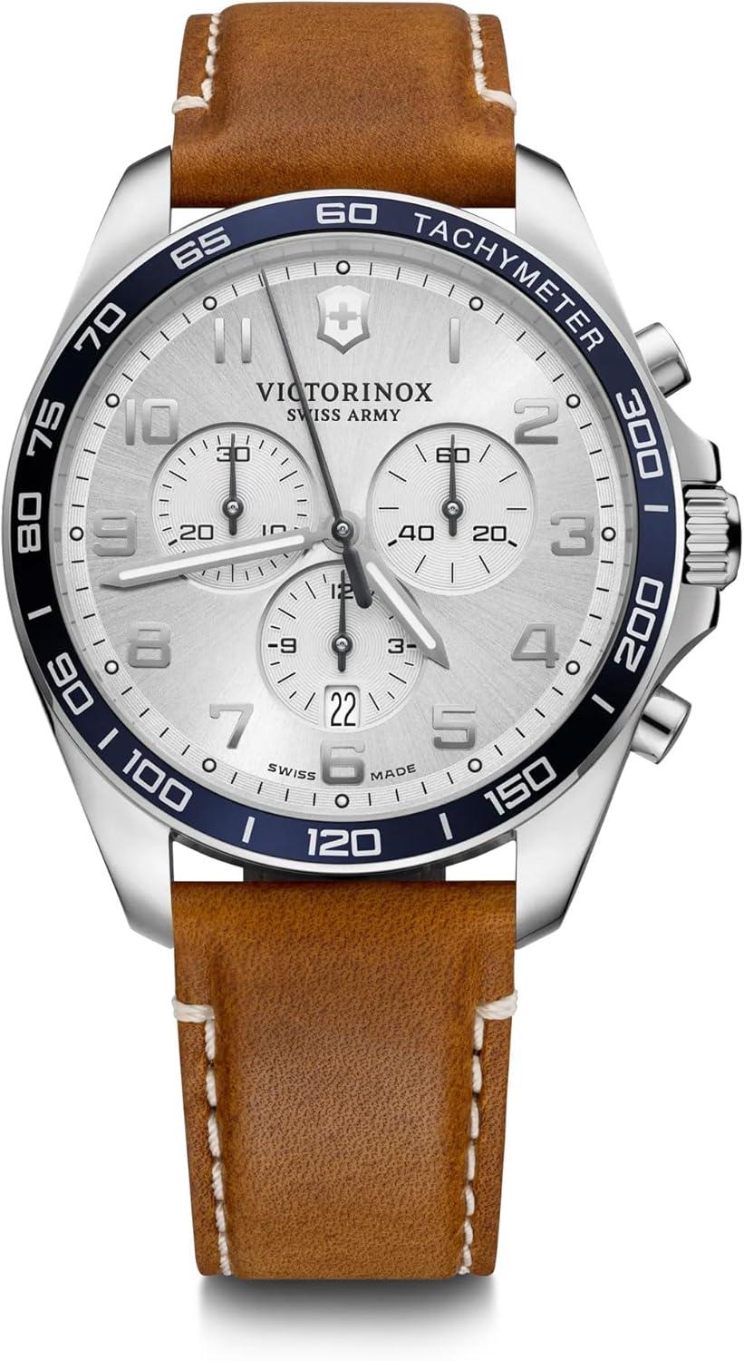 Victorinox FieldForce Classic Chrono Silver Dial Brown Leather Strap Watch 42mm - 241900