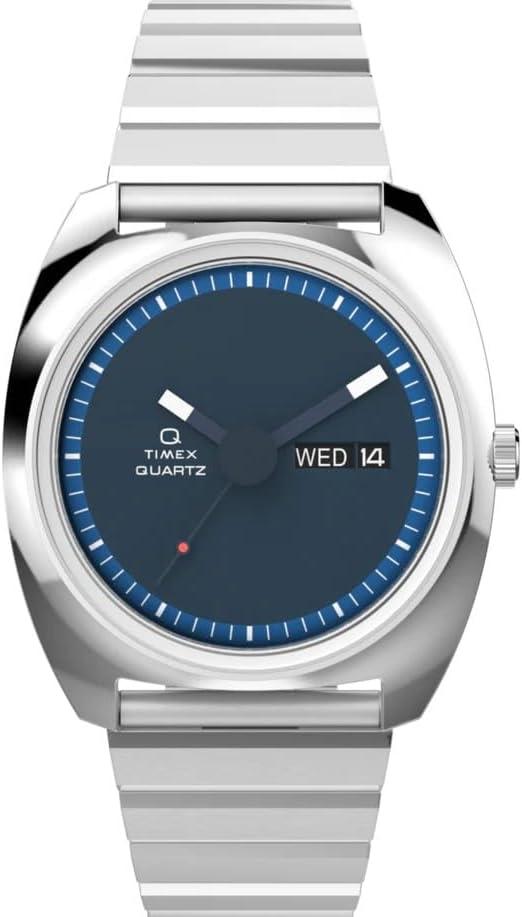 Timex Q 1975 Enigma Reissue Watch Silver Stainless Steel Band Blue Dial