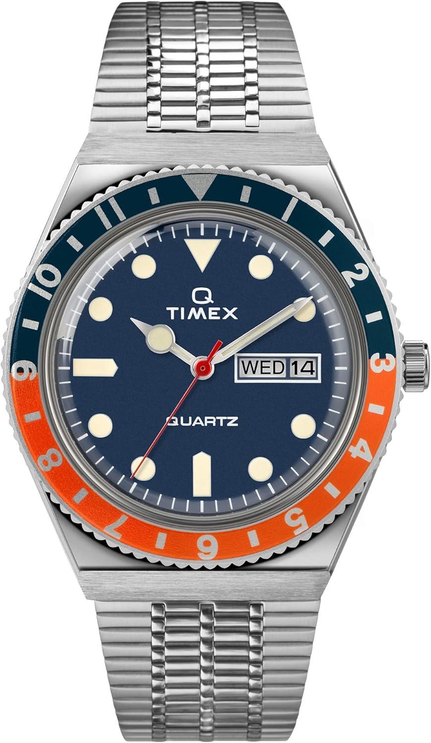 Timex Q Men's 38mm Watch – Blue/Orange Silver-Tone Case