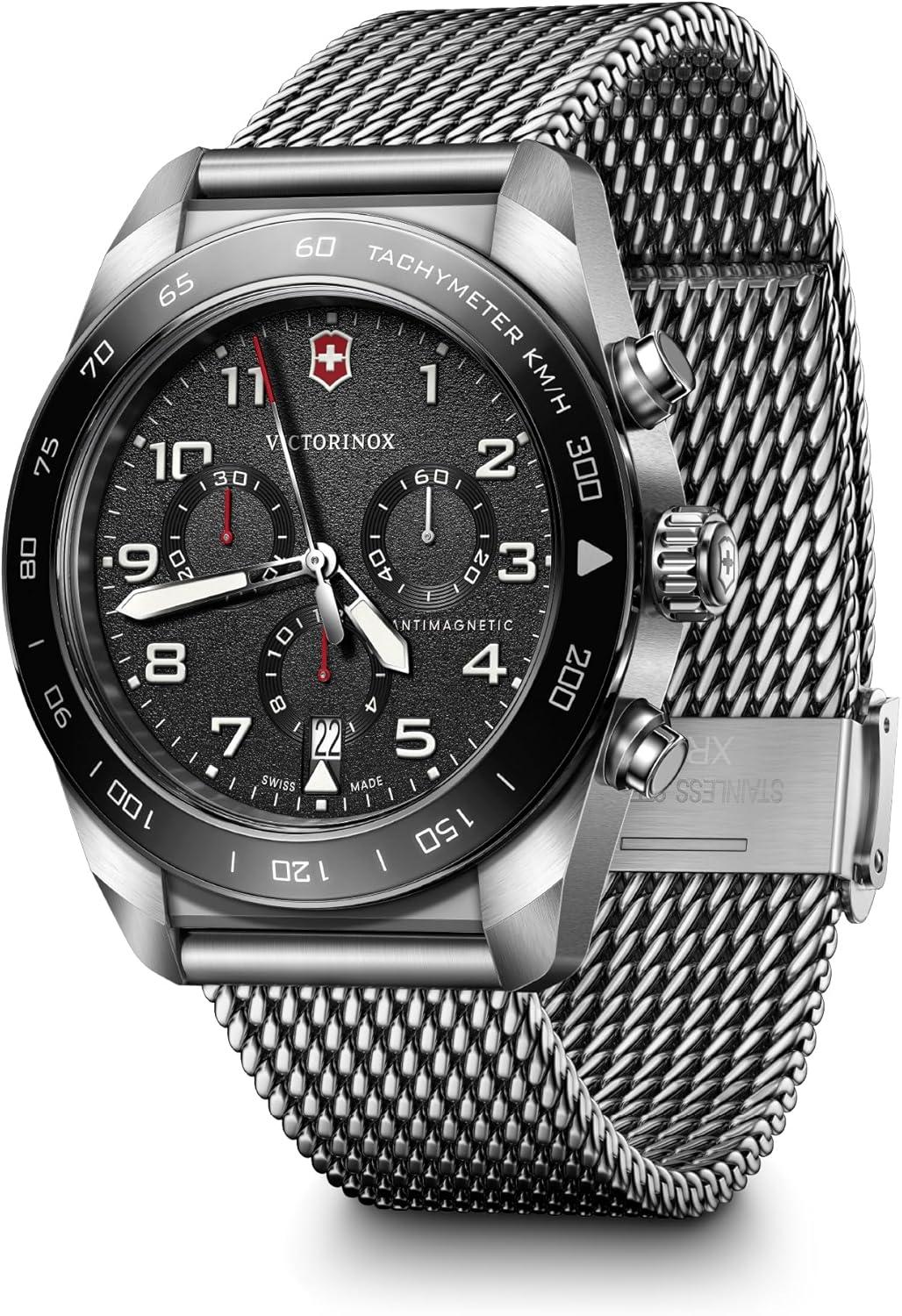 Victorinox Swiss Army Chronograph Black Dial Mesh Stainless Steel Watch 42mm