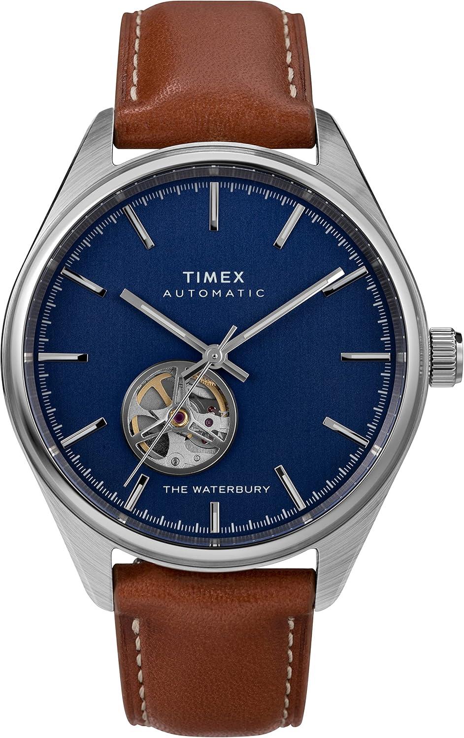 Timex Men's Waterbury Traditional Automatic 42mm Watch – Stainless Steel Case Blue Dial & with Brown Genuine Leather Strap