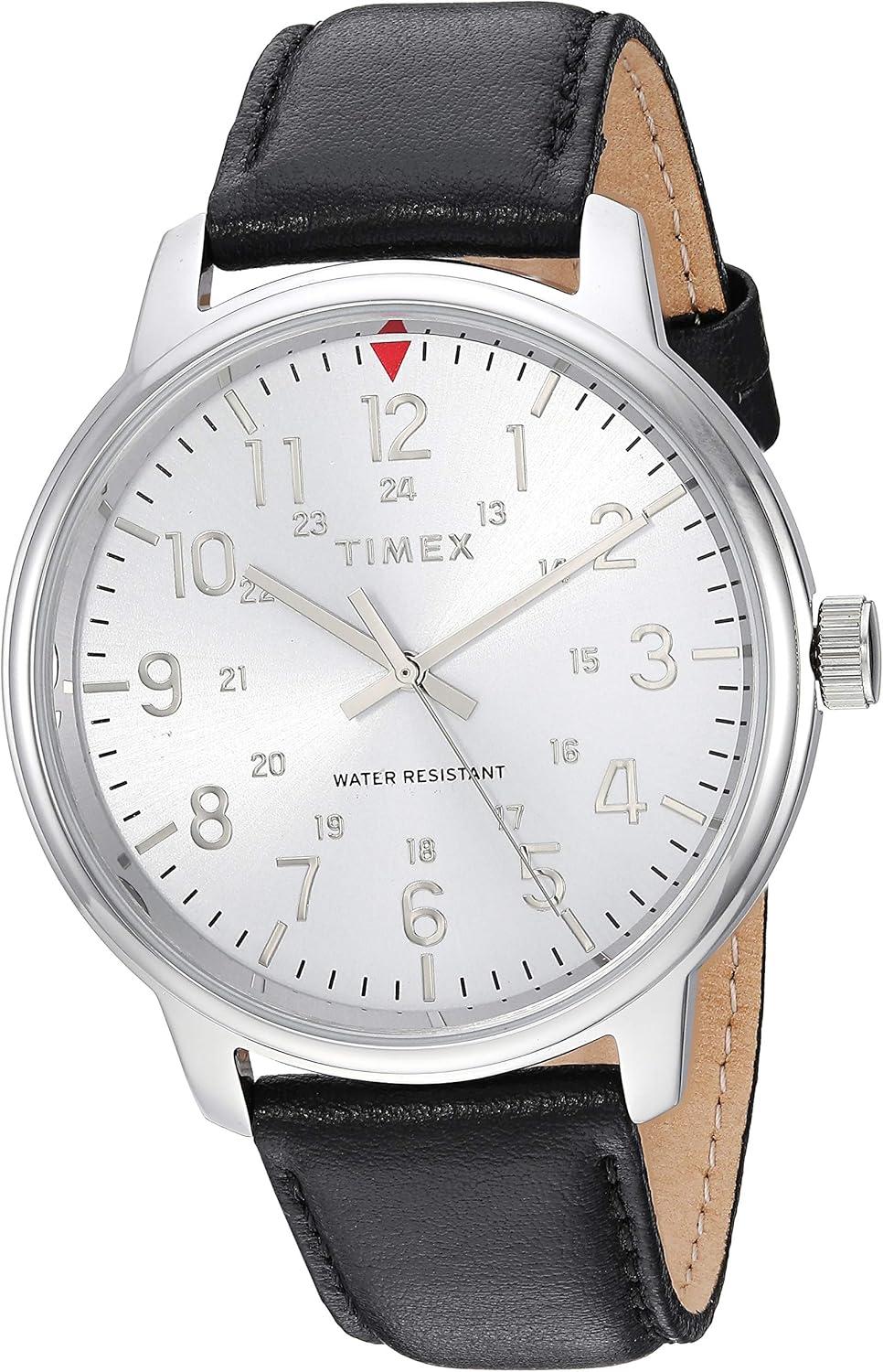 Timex Men's TW2R85300 Classic 43mm Black/Silver-Tone Leather Strap Watch