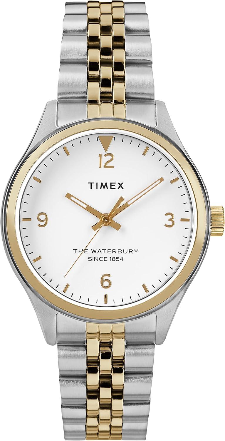 Timex Women's Waterbury Traditional 34mm Watch – Two-Tone Case White Dial with Two-Tone Stainless Steel Bracelet