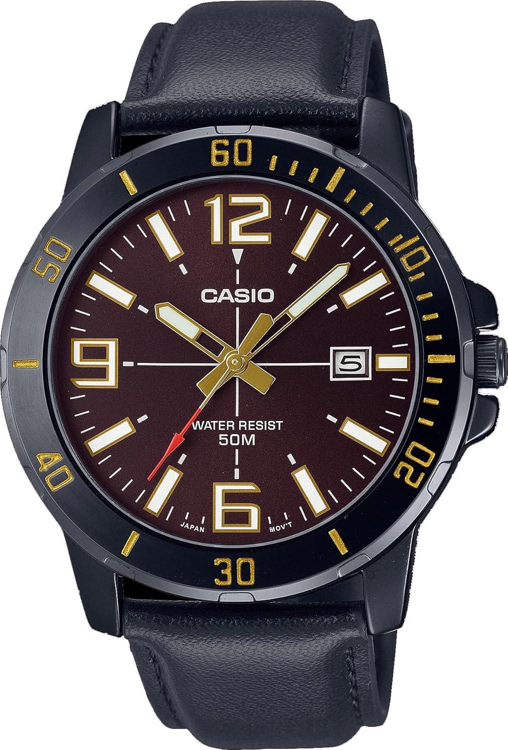 Casio MTP-VD01BL-5BV Men's Enticer Black IP Leather Band Brown Dial Watch