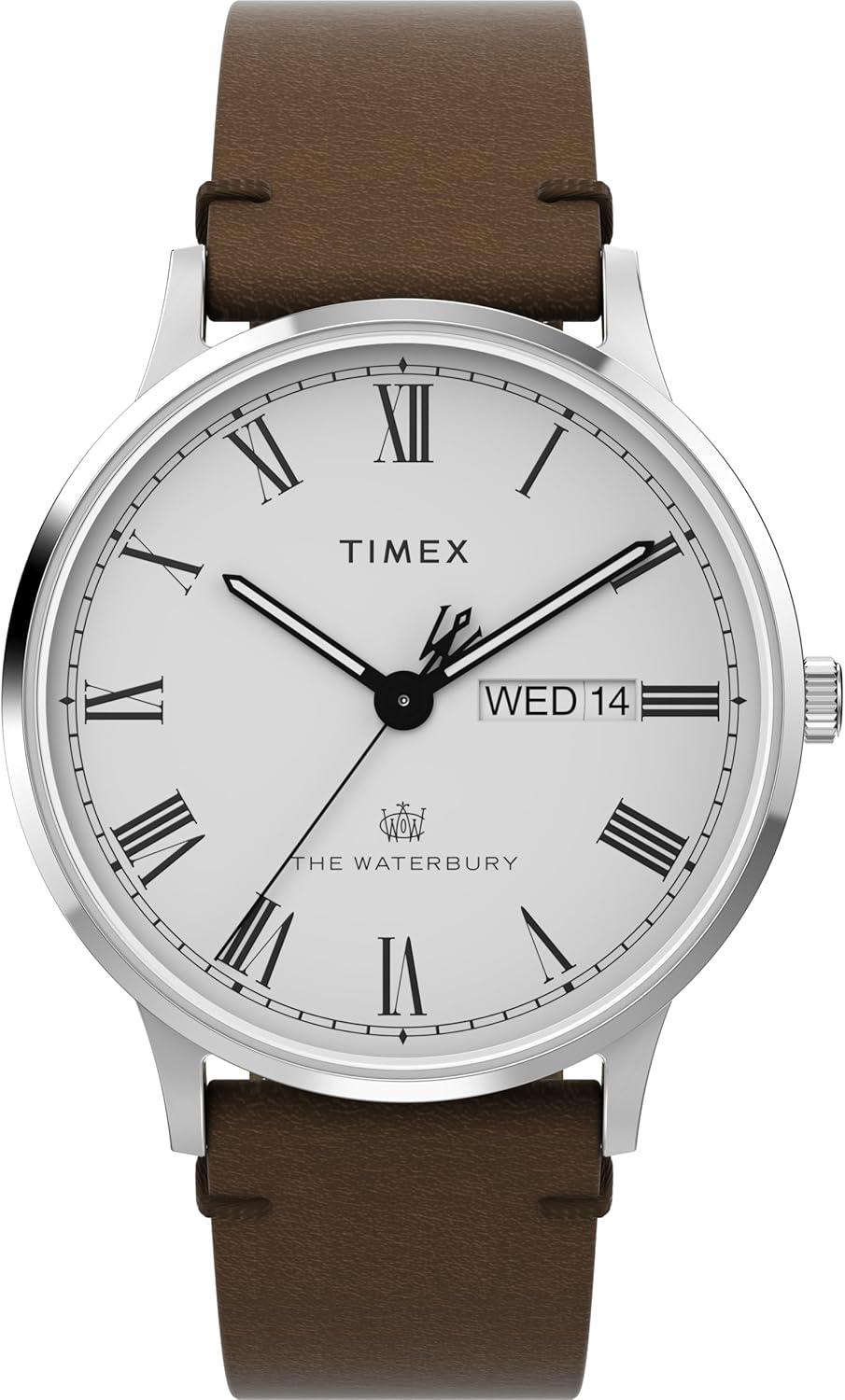Timex Men's Waterbury 40 mm Watch - Brown Leather Strap, White Dial