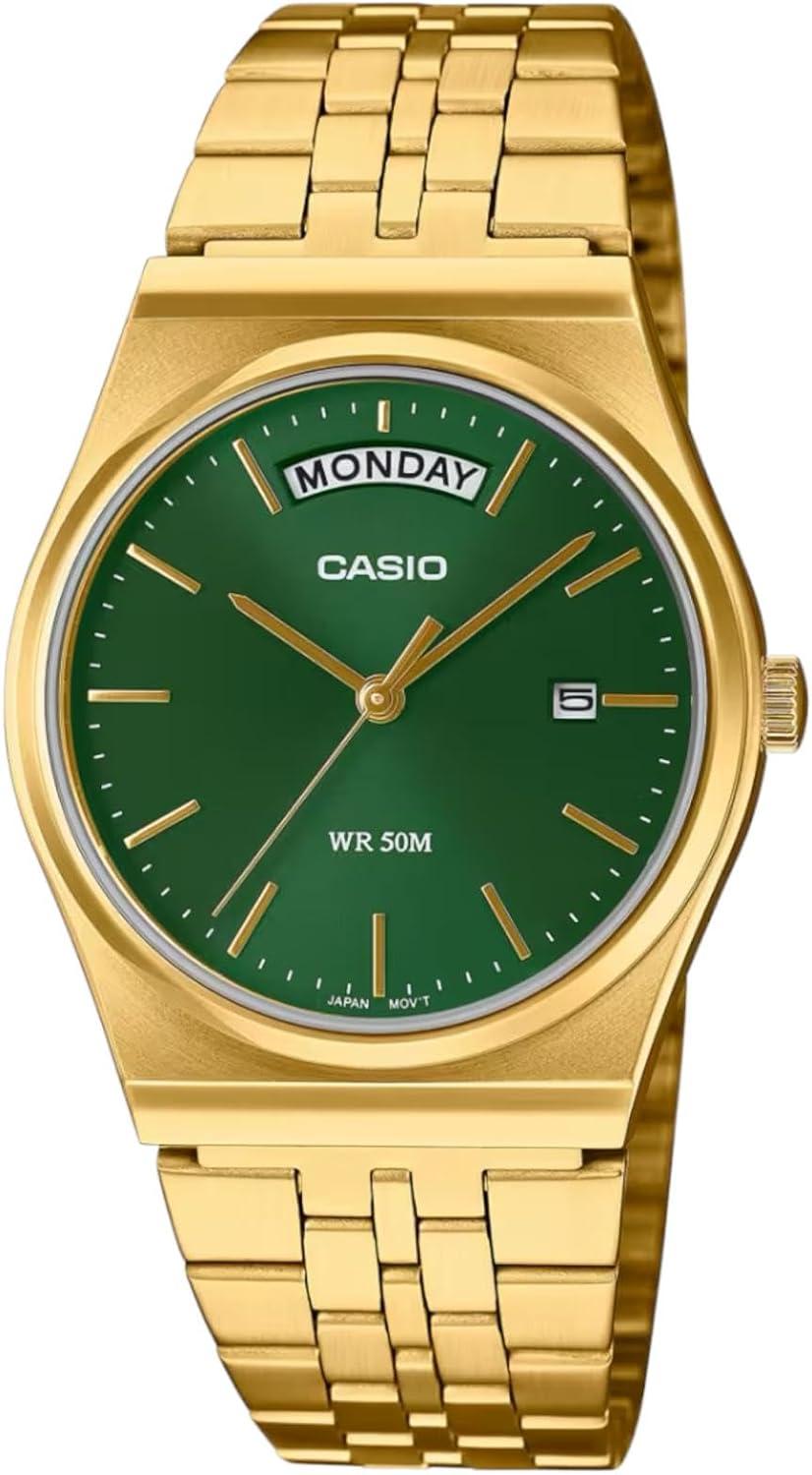 Casio MTP-B146G-3AV Men's Vintage Gold Tone Stainless Steel Green Dial Day Date Analog Watch